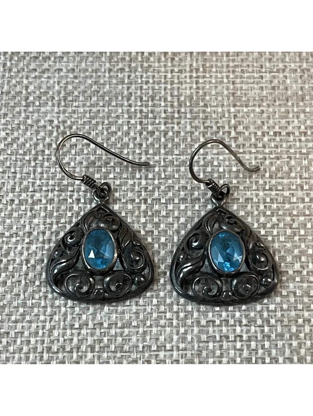 VTG Sterling Silver London Blue Topaz Filigree Drop Earrings 925 !!